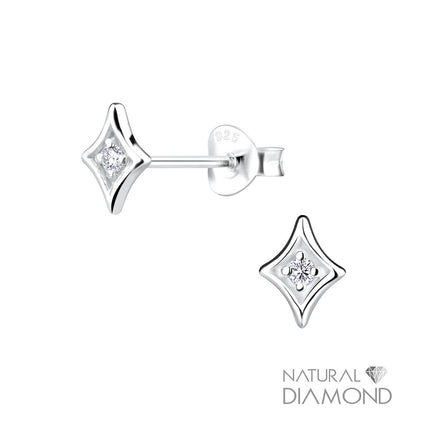 Sterling Silver Diamond Shaped Ear Studs With Natural Diamond