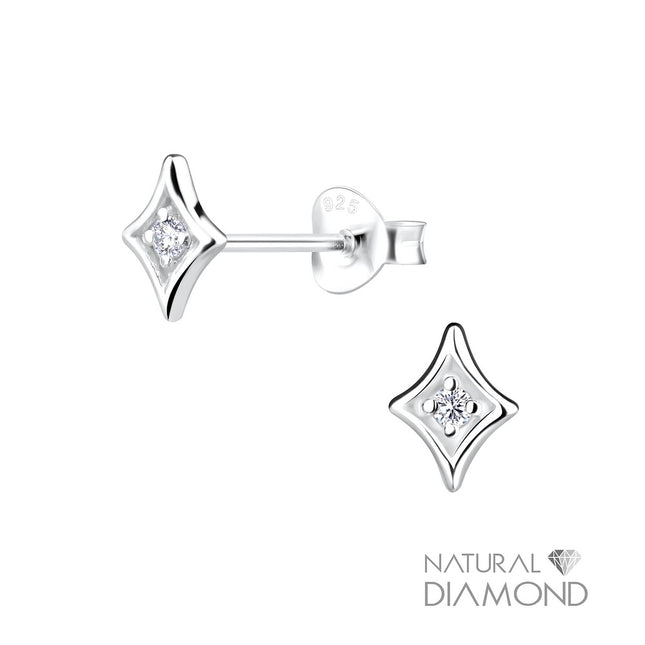 Sterling Silver Diamond Shaped Ear Studs With Natural Diamond