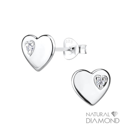Sterling Silver Heart Ear Studs With Natural Diamond