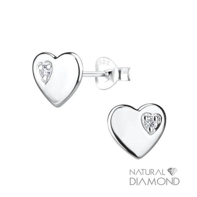 Sterling Silver Heart Ear Studs With Natural Diamond