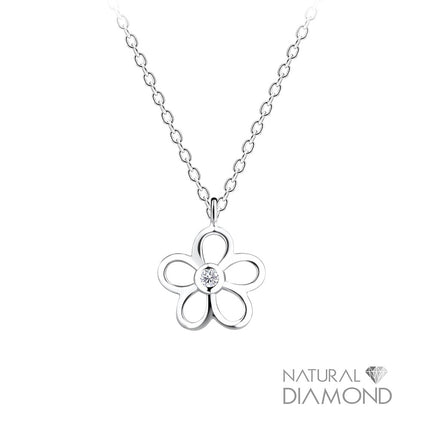 Sterling Silver Flower Necklace With Natural Diamond