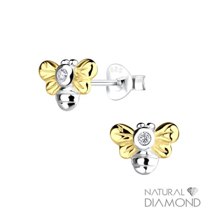 Sterling Silver Two Tone Bee Ear Studs With Natural Diamond