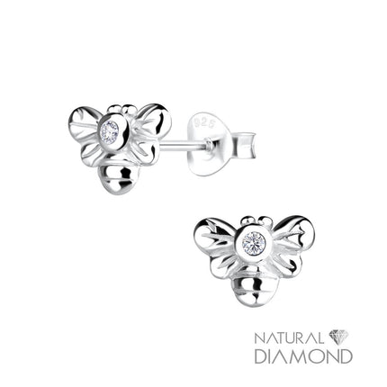 Sterling Silver Bee Ear Studs With Natural Diamond