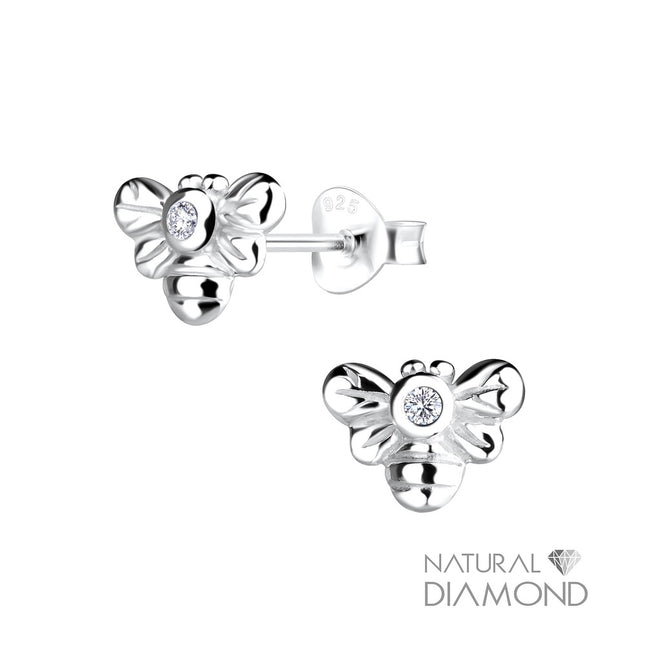 Sterling Silver Bee Ear Studs With Natural Diamond