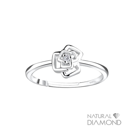 Sterling Silver Rose Flower Adjustable Ring With Natural Diamond