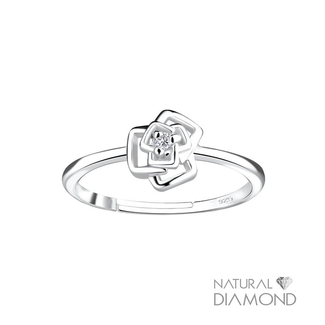 Sterling Silver Rose Flower Adjustable Ring With Natural Diamond