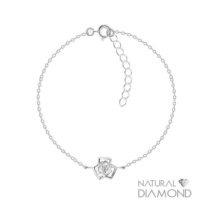 Sterling Silver Rose Flower Bracelet With Natural Diamond