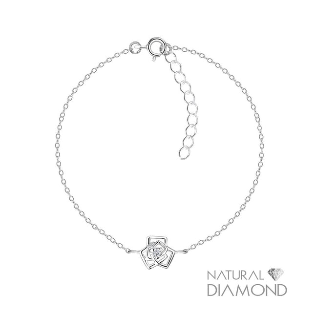 Sterling Silver Rose Flower Bracelet With Natural Diamond
