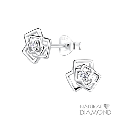 Sterling Silver Rose Flower Ear Studs With Natural Diamond