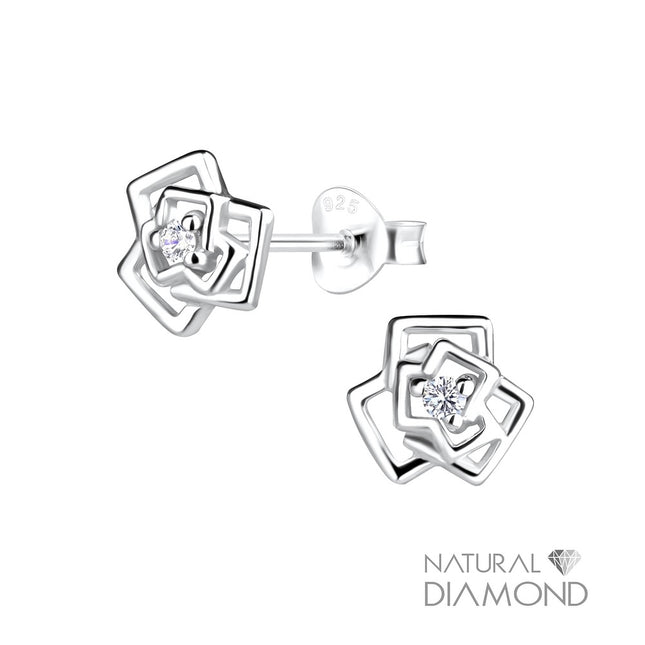 Sterling Silver Rose Flower Ear Studs With Natural Diamond