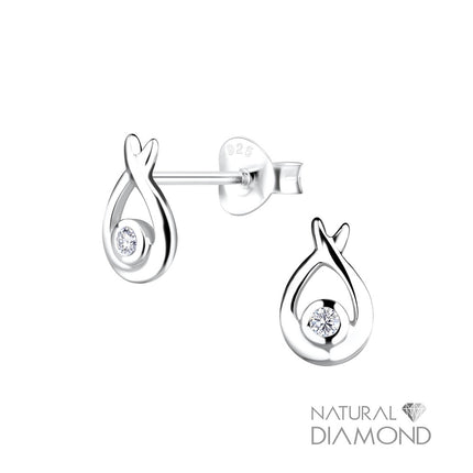 Sterling Silver Tear Drop Ear Studs With Natural Diamond