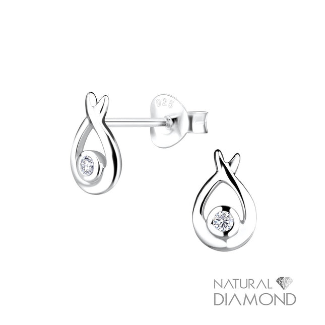 Sterling Silver Tear Drop Ear Studs With Natural Diamond