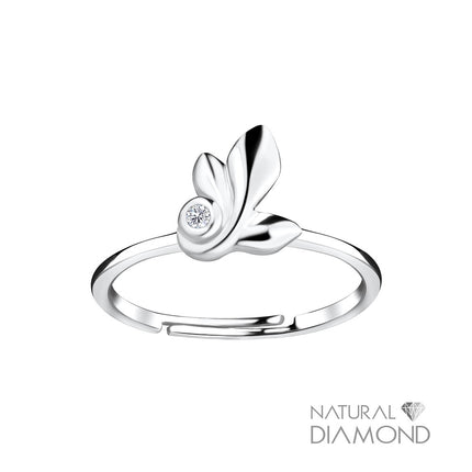 Sterling Silver Leaf Adjustable Ring With Natural Diamond