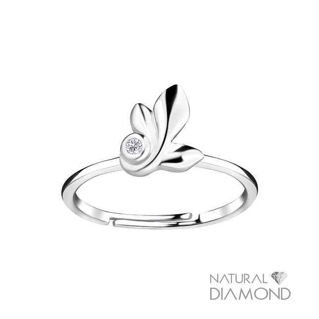 Sterling Silver Leaf Adjustable Ring With Natural Diamond
