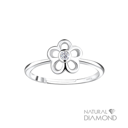 Sterling Silver Flower Adjustable Ring With Natural Diamond
