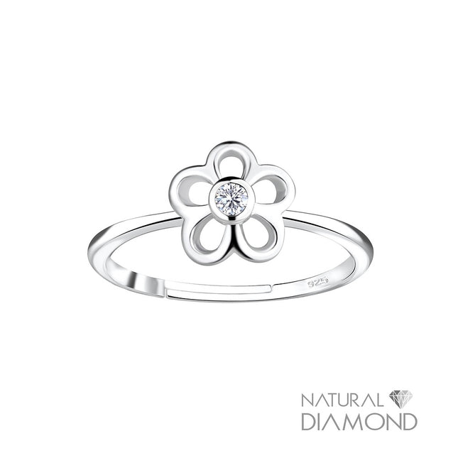 Sterling Silver Flower Adjustable Ring With Natural Diamond