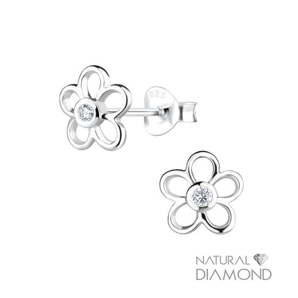 Sterling Silver Flower Ear Studs With Natural Diamond