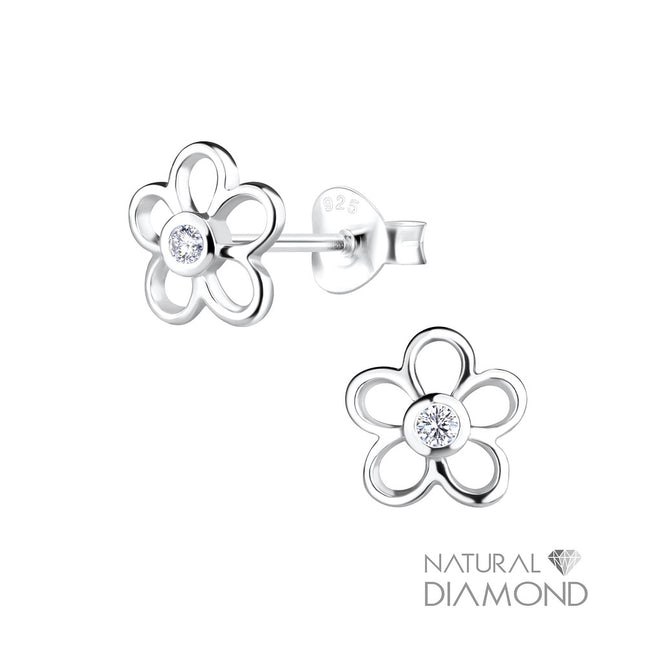 Sterling Silver Flower Ear Studs With Natural Diamond