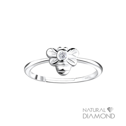 Sterling Silver Bee Adjustable Ring With Natural Diamond