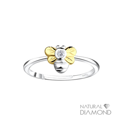 Sterling Silver Bee Adjustable Ring With Natural Diamond