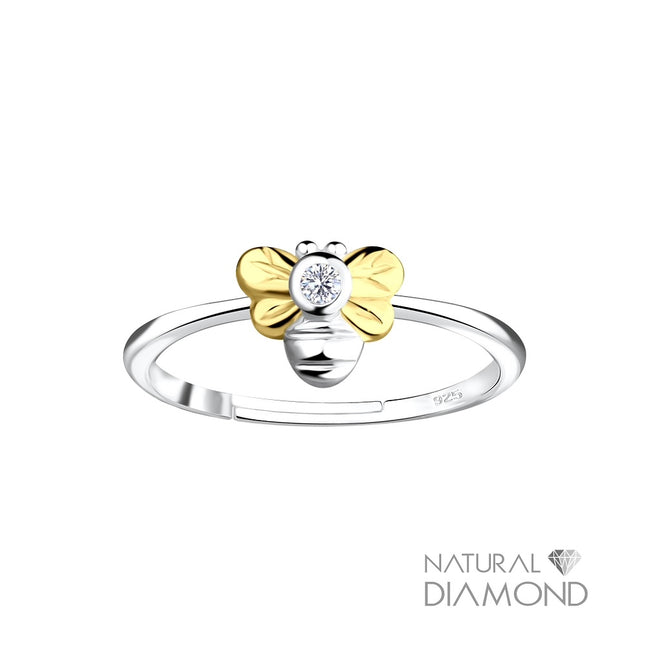 Sterling Silver Bee Adjustable Ring With Natural Diamond