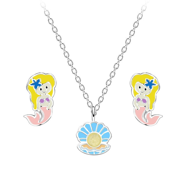 Sterling Silver Mermaid Necklace and Ear Studs Set