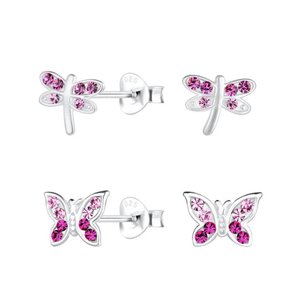 Sterling Silver Dragonfly and Butterfly Ear Studs Set
