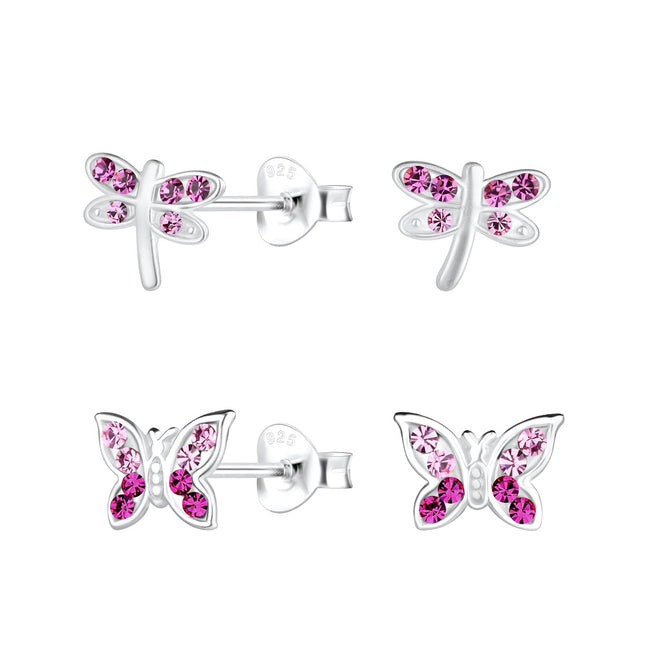 Sterling Silver Dragonfly and Butterfly Ear Studs Set