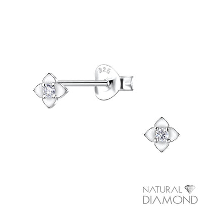 Sterling Silver Flower Ear Studs With Natural Diamond