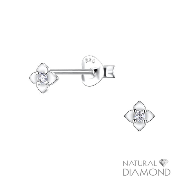 Sterling Silver Flower Ear Studs With Natural Diamond