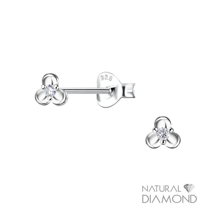 Sterling Silver Three Petal Flower Ear Studs With Natural Diamond