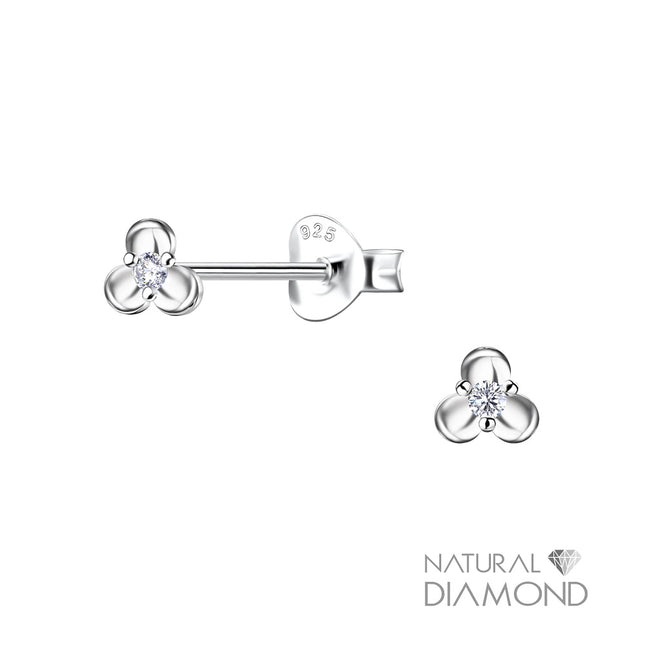 Sterling Silver Three Petal Flower Ear Studs With Natural Diamond
