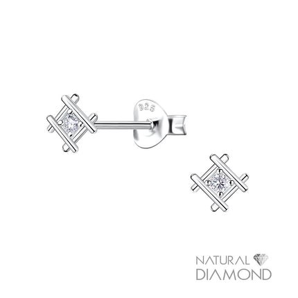 Sterling Silver Square Ear Studs With Natural Diamond