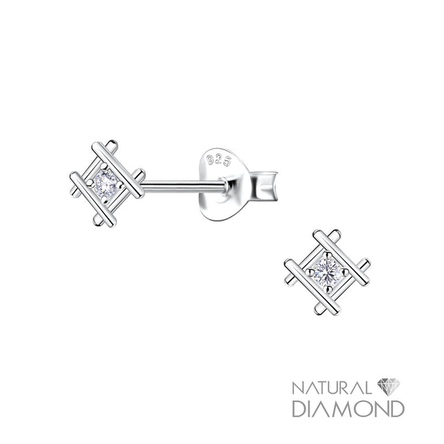 Sterling Silver Square Ear Studs With Natural Diamond