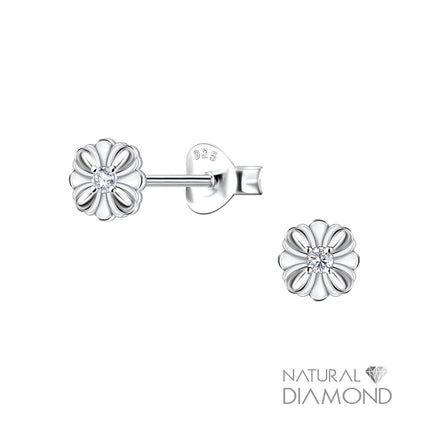 Sterling Silver Flower Ear Studs With Natural Diamond