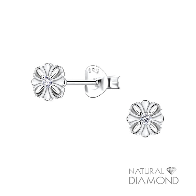 Sterling Silver Flower Ear Studs With Natural Diamond