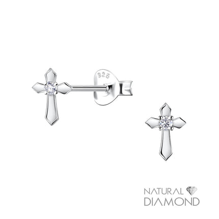 Sterling Silver Cross Ear Studs With Natural Diamond