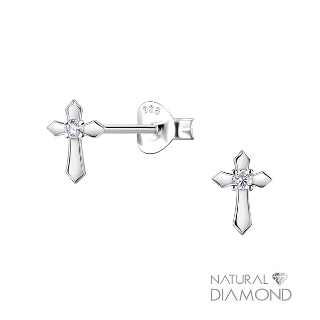 Sterling Silver Cross Ear Studs With Natural Diamond