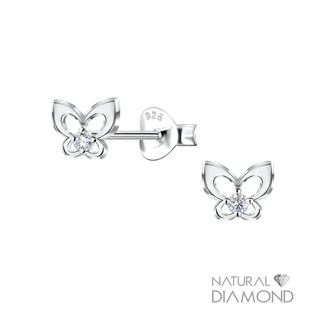 Sterling Silver Butterfly Ear Studs With Natural Diamond