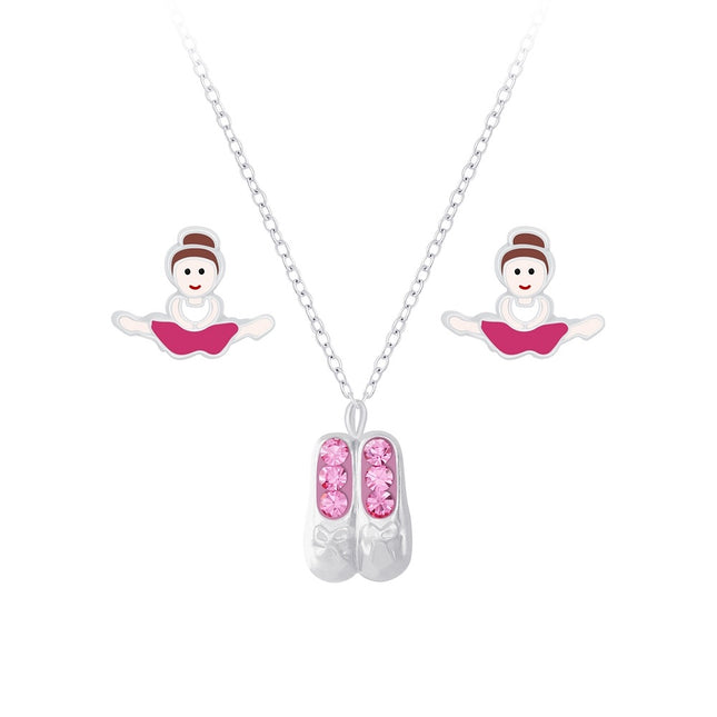 Sterling Silver Ballerina Necklace and Ear Studs Set