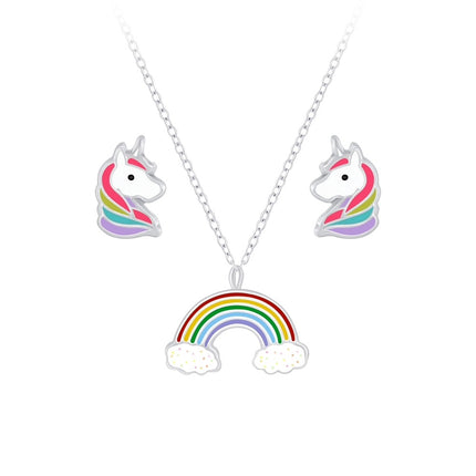 Sterling Silver Rainbow Necklace and Unicorn Ear Studs Set