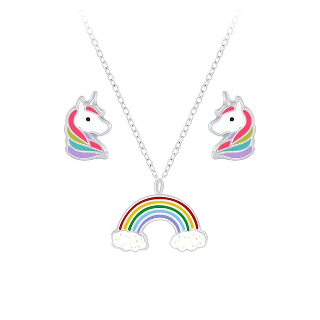 Sterling Silver Rainbow Necklace and Unicorn Ear Studs Set