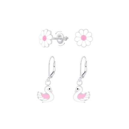 Sterling Silver Flower and Swan Earrings Set