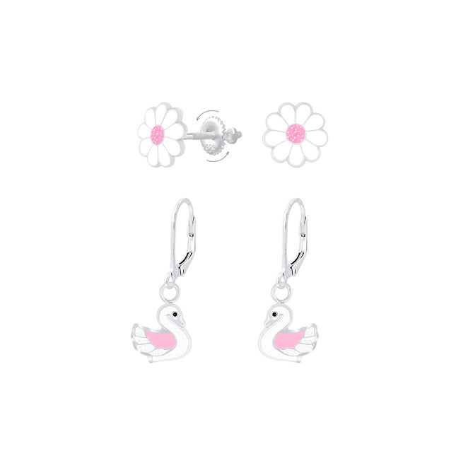 Sterling Silver Flower and Swan Earrings Set