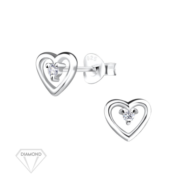 Sterling Silver Heart Ear Studs With Natural Diamond