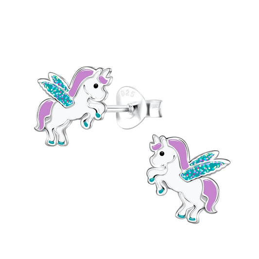 Sterling Silver Winged Unicorn Ear Studs